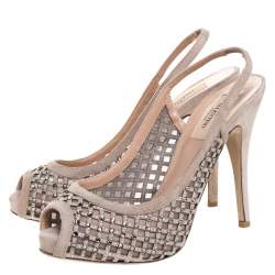 Pre Owned Valentino Beige Crystal Suede Lattice Slingback Platforms Sandals Size 37.5