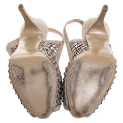 Pre Owned Valentino Beige Crystal Suede Lattice Slingback Platforms Sandals Size 37.5