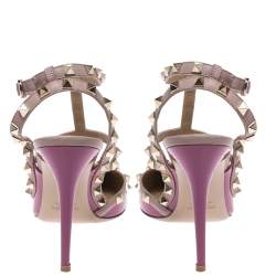 Pre Owned Valentino Beige Leather and Purple Patent Leather Rockstud Sandals Size 40