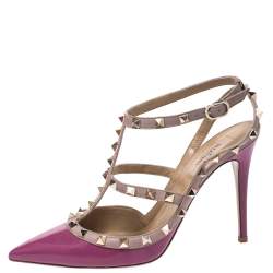 Pre Owned Valentino Beige Leather and Purple Patent Leather Rockstud Sandals Size 40