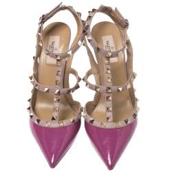 Pre Owned Valentino Beige Leather and Purple Patent Leather Rockstud Sandals Size 40