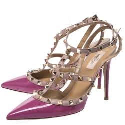 Pre Owned Valentino Beige Leather and Purple Patent Leather Rockstud Sandals Size 40