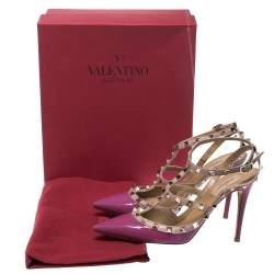 Pre Owned Valentino Beige Leather and Purple Patent Leather Rockstud Sandals Size 40
