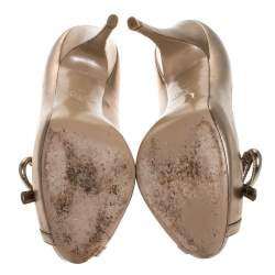 Pre Owned Valentino Metallic Gold Leather Bow Peep Toe Platform Pumps Size 38