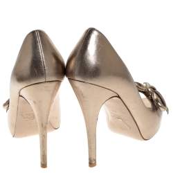 Pre Owned Valentino Metallic Gold Leather Bow Peep Toe Platform Pumps Size 38