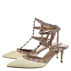 Pre Owned Valentino Light Yellow/Beige Leather Rockstud Ankle Strap Sandals Size 41.5