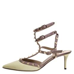 Pre Owned Valentino Light Yellow/Beige Leather Rockstud Ankle Strap Sandals Size 41.5