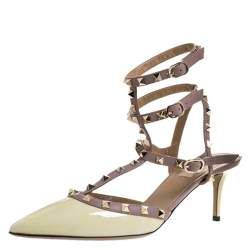 Pre Owned Valentino Light Yellow/Beige Leather Rockstud Ankle Strap Sandals Size 41.5