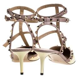 Pre Owned Valentino Light Yellow/Beige Leather Rockstud Ankle Strap Sandals Size 41.5