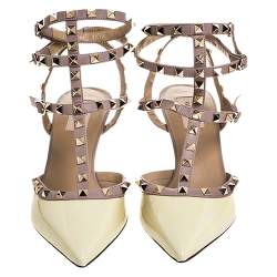 Pre Owned Valentino Light Yellow/Beige Leather Rockstud Ankle Strap Sandals Size 41.5
