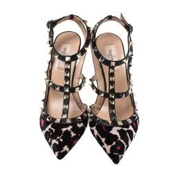 Pre Owned Valentino Multicolor Pony Hair And Black Leather Ankle Strap Rockstud Sandals Size 39.5