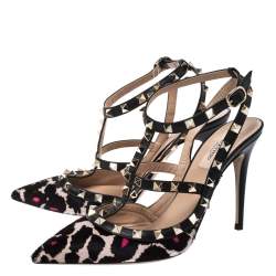 Pre Owned Valentino Multicolor Pony Hair And Black Leather Ankle Strap Rockstud Sandals Size 39.5