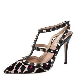 Pre Owned Valentino Multicolor Pony Hair And Black Leather Ankle Strap Rockstud Sandals Size 39.5