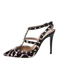 Pre Owned Valentino Multicolor Pony Hair And Black Leather Ankle Strap Rockstud Sandals Size 39.5