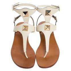 Pre Owned Valentino White Leather Studded Thong Flat Sandals Size 36
