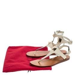 Pre Owned Valentino White Leather Studded Thong Flat Sandals Size 36