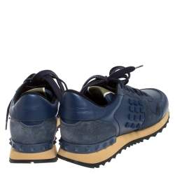 Pre Owned Valentino Blue Leather And Suede Rockrunner Low Top Sneakers Size 36
