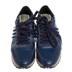 Pre Owned Valentino Blue Leather And Suede Rockrunner Low Top Sneakers Size 36