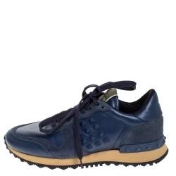 Pre Owned Valentino Blue Leather And Suede Rockrunner Low Top Sneakers Size 36