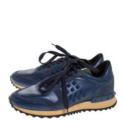 Pre Owned Valentino Blue Leather And Suede Rockrunner Low Top Sneakers Size 36