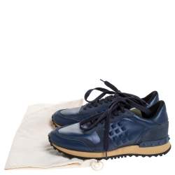Pre Owned Valentino Blue Leather And Suede Rockrunner Low Top Sneakers Size 36