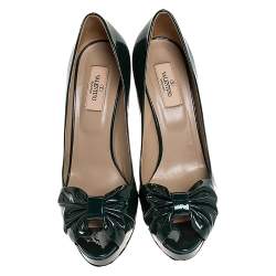 Pre Owned Valentino Green Patent Leather Knot Detail Peep Toe Platform Pumps Size 38.5