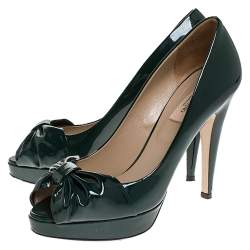 Pre Owned Valentino Green Patent Leather Knot Detail Peep Toe Platform Pumps Size 38.5