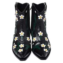 Pre Owned Valentino Black Floral Embroidered Leather Pointed Toe Cowboy Boots Size 39