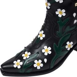 Pre Owned Valentino Black Floral Embroidered Leather Pointed Toe Cowboy Boots Size 39