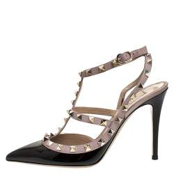 Pre Owned Valentino Black/Beige Patent Leather And Leather Rockstud Ankle Strap Sandals Size 37