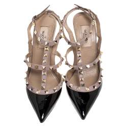 Pre Owned Valentino Black/Beige Patent Leather And Leather Rockstud Ankle Strap Sandals Size 37