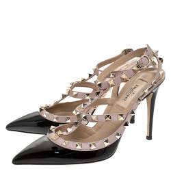 Pre Owned Valentino Black/Beige Patent Leather And Leather Rockstud Ankle Strap Sandals Size 37