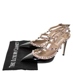 Pre Owned Valentino Black/Beige Patent Leather And Leather Rockstud Ankle Strap Sandals Size 37