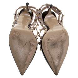 Pre Owned Valentino Black/Beige Patent Leather And Leather Rockstud Ankle Strap Sandals Size 37