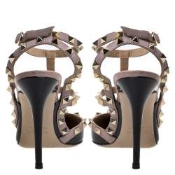 Pre Owned Valentino Black/Beige Patent Leather And Leather Rockstud Ankle Strap Sandals Size 37