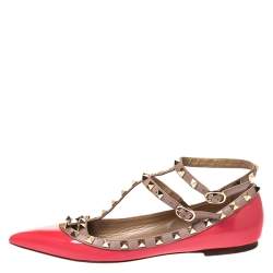 Pre Owned Valentino Pink/Beige Patent Leather And Leather Rockstud Double Ankle Strap Cage Ballerina Flats Size 39