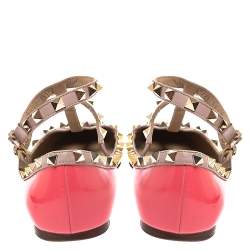 Pre Owned Valentino Pink/Beige Patent Leather And Leather Rockstud Double Ankle Strap Cage Ballerina Flats Size 39