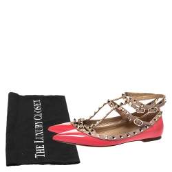 Pre Owned Valentino Pink/Beige Patent Leather And Leather Rockstud Double Ankle Strap Cage Ballerina Flats Size 39