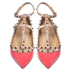 Pre Owned Valentino Pink/Beige Patent Leather And Leather Rockstud Double Ankle Strap Cage Ballerina Flats Size 39