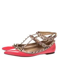 Pre Owned Valentino Pink/Beige Patent Leather And Leather Rockstud Double Ankle Strap Cage Ballerina Flats Size 39