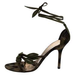 Pre Owned Valentino Green/Black Fabric And Suede Leaf Ankle Tie Up Sandals Size 39.5