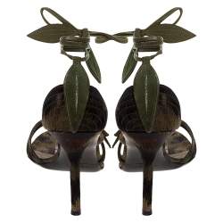 Pre Owned Valentino Green/Black Fabric And Suede Leaf Ankle Tie Up Sandals Size 39.5
