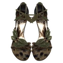 Pre Owned Valentino Green/Black Fabric And Suede Leaf Ankle Tie Up Sandals Size 39.5
