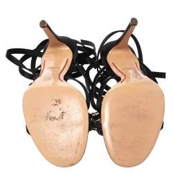 Pre Owned Valentino Black Satin And Red Enamel Crystal Flower Ankle Tie Up Strappy Sandals Size 39.5