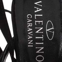 Pre Owned Valentino Black Satin And Red Enamel Crystal Flower Ankle Tie Up Strappy Sandals Size 39.5