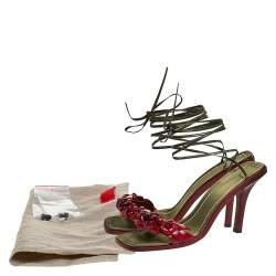 Pre Owned Valentino Red/Green Leather Flower Applique Square Toe Ankle Tie Sandals Size 39.5