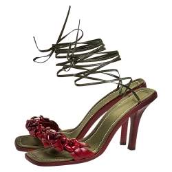 Pre Owned Valentino Red/Green Leather Flower Applique Square Toe Ankle Tie Sandals Size 39.5