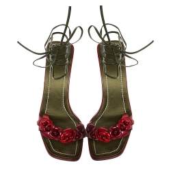 Pre Owned Valentino Red/Green Leather Flower Applique Square Toe Ankle Tie Sandals Size 39.5