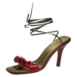 Pre Owned Valentino Red/Green Leather Flower Applique Square Toe Ankle Tie Sandals Size 39.5