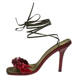 Pre Owned Valentino Red/Green Leather Flower Applique Square Toe Ankle Tie Sandals Size 39.5